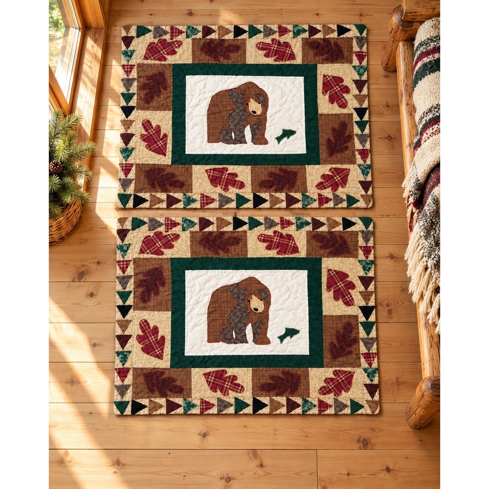 Rustic Bear Applique Mini Quilt Set of 2 Plaid Woodland Cabin Folk Art Decor